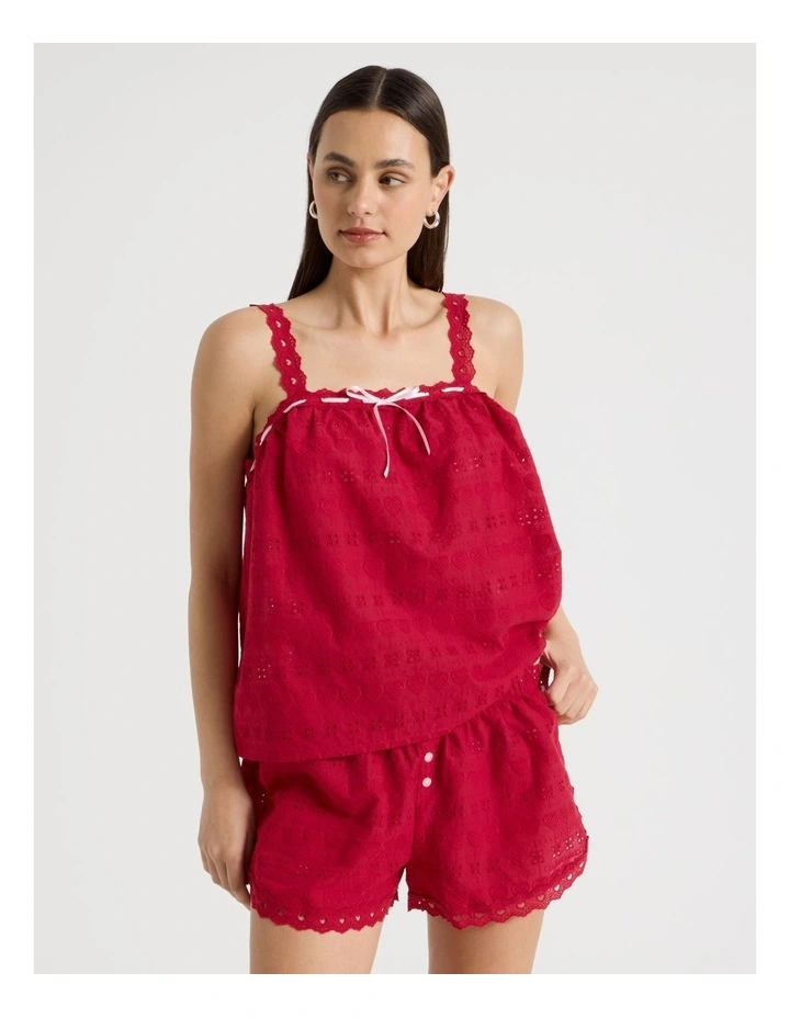 Woven Broderie Cami Boxer Set in Chilli Red image 2