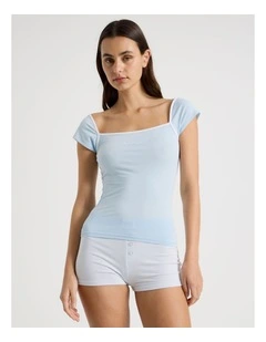 Soft Days Cap sleeve Fitted Tee in Blue Contrast Logo