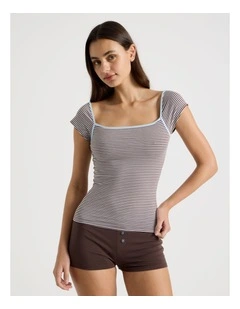 Soft Days Cap sleeve Fitted Tee in Choc YD Stripe