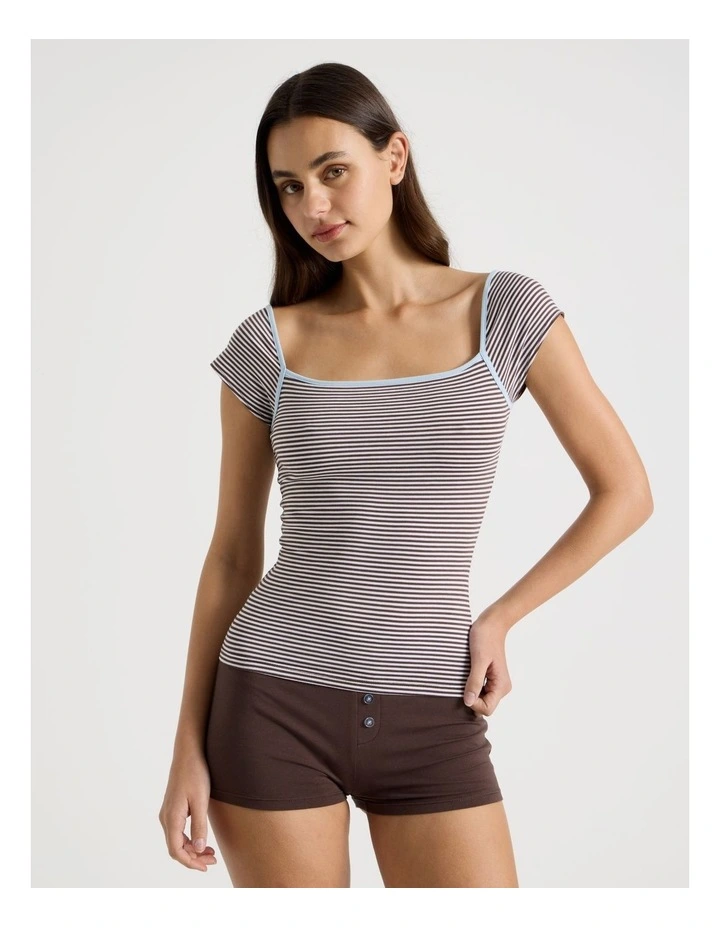 Soft Days Cap sleeve Fitted Tee in Choc YD Stripe image 1