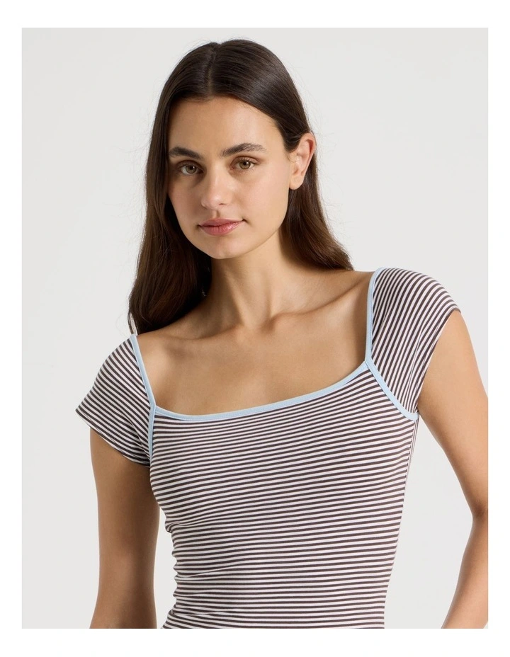 Soft Days Cap sleeve Fitted Tee in Choc YD Stripe image 3