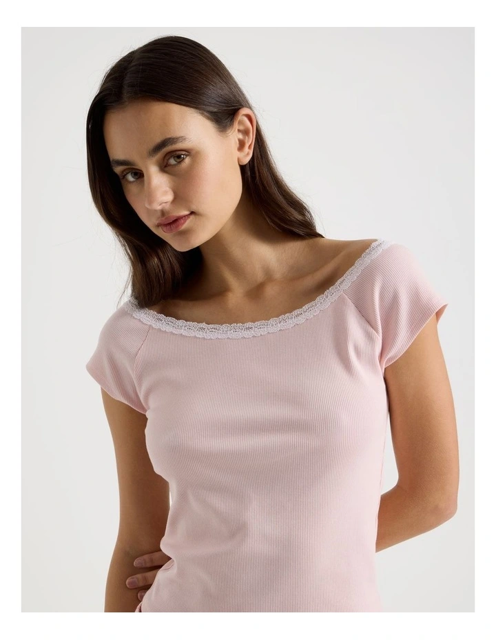Soft Days Lace Rib Fitted Tee in Pink image 2