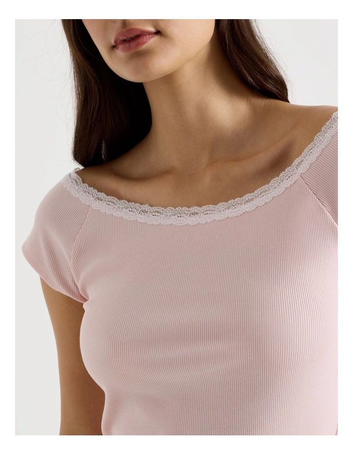 Soft Days Lace Rib Fitted Tee in Pink image 5