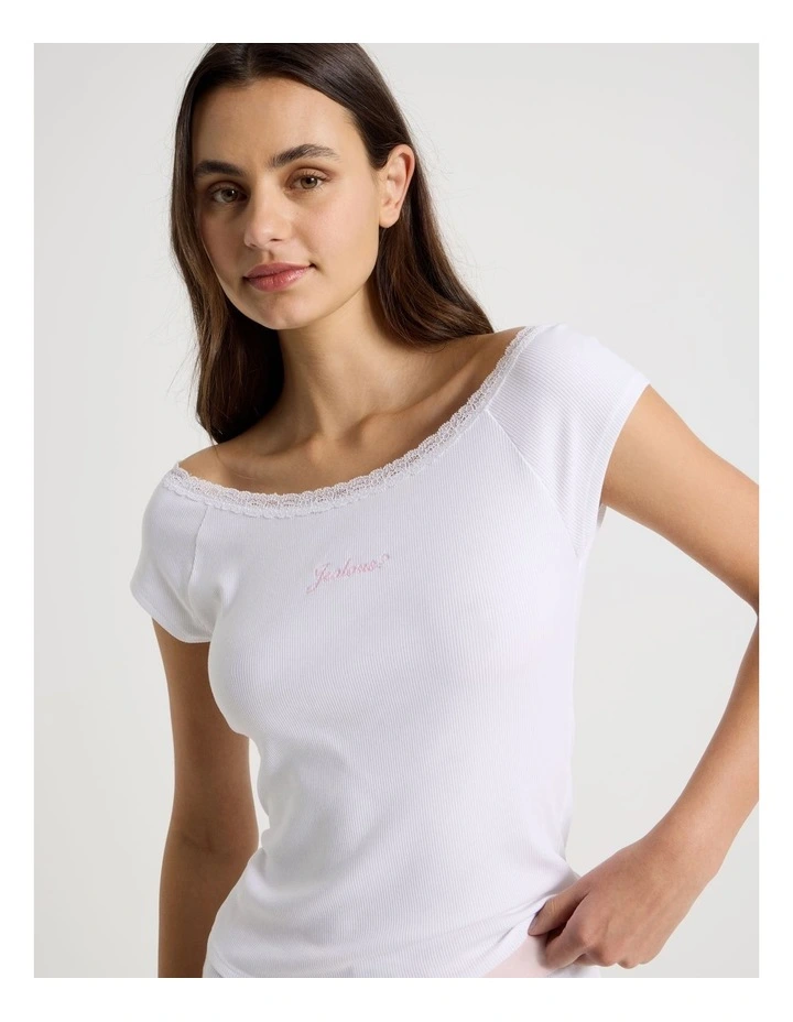 Soft Days Lace Rib Fitted Tee in White image 3