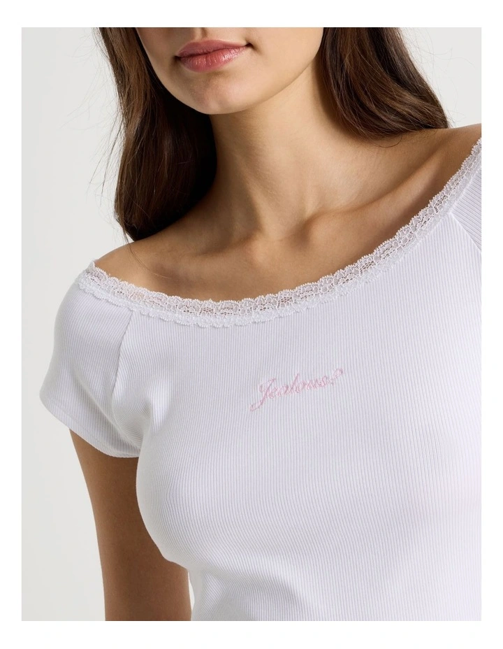 Soft Days Lace Rib Fitted Tee in White image 4