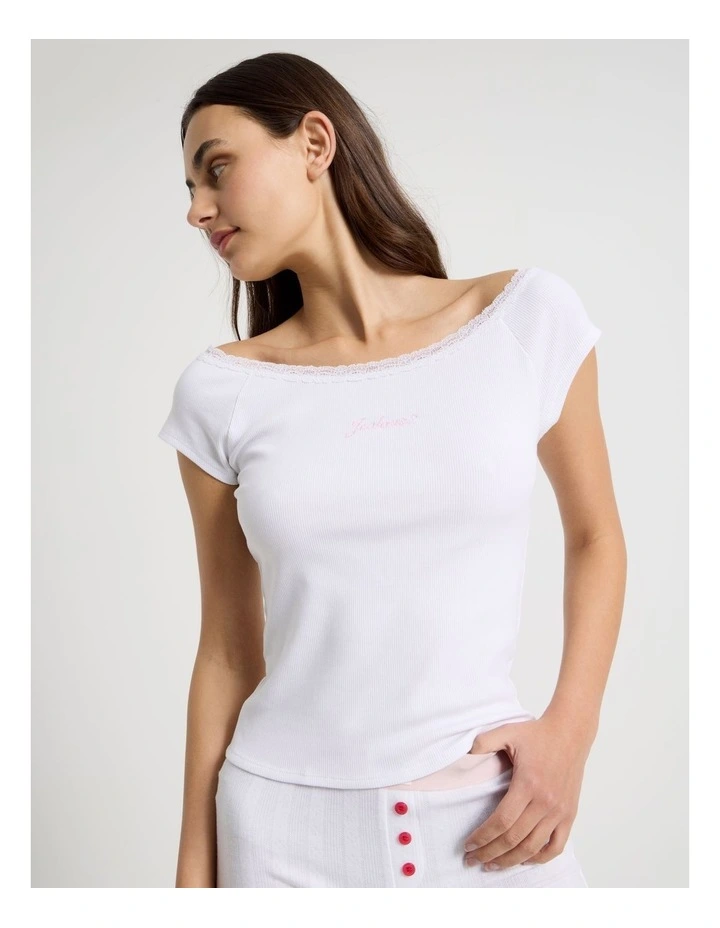 Soft Days Lace Rib Fitted Tee in White image 5