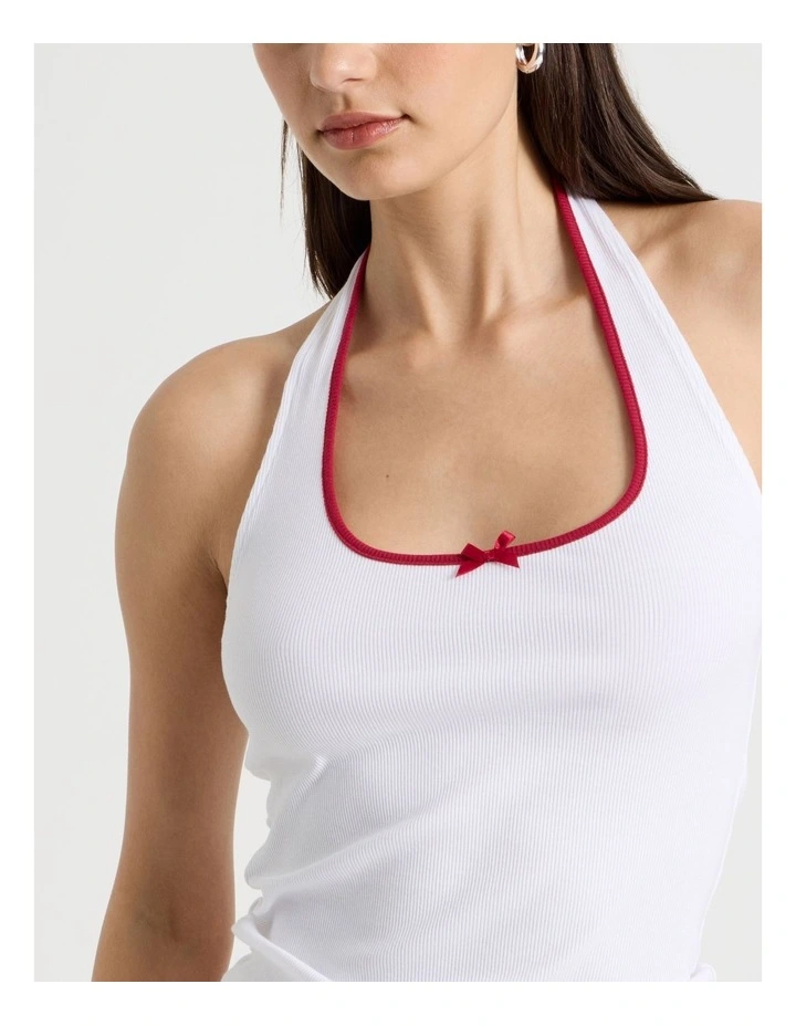 Jersey Contrast Halter Top in White image 3