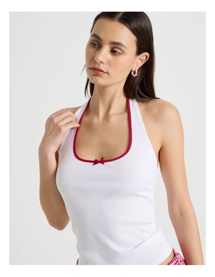 Jersey Contrast Halter Top in White image 4