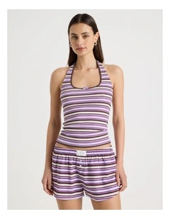 Jersey Contrast Halter Top in Purple Stripe