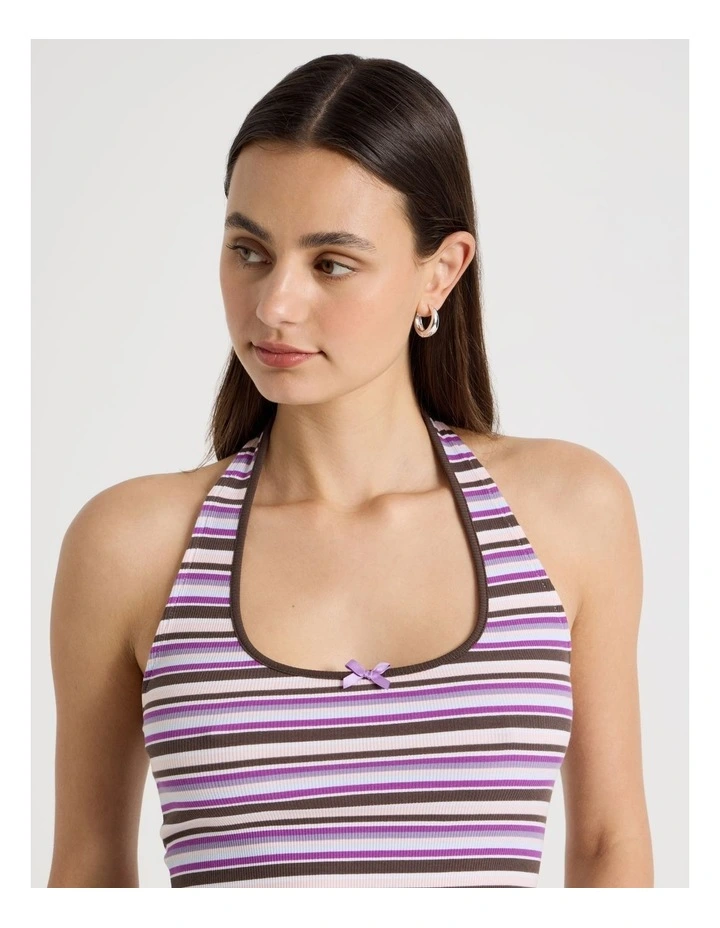 Jersey Contrast Halter Top in Purple Stripe image 5
