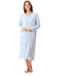 Verona Mid Length Nightie in Blue Floral Print