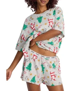 Sleep Aussie Cotton Tee And Short Set in Disco Santa