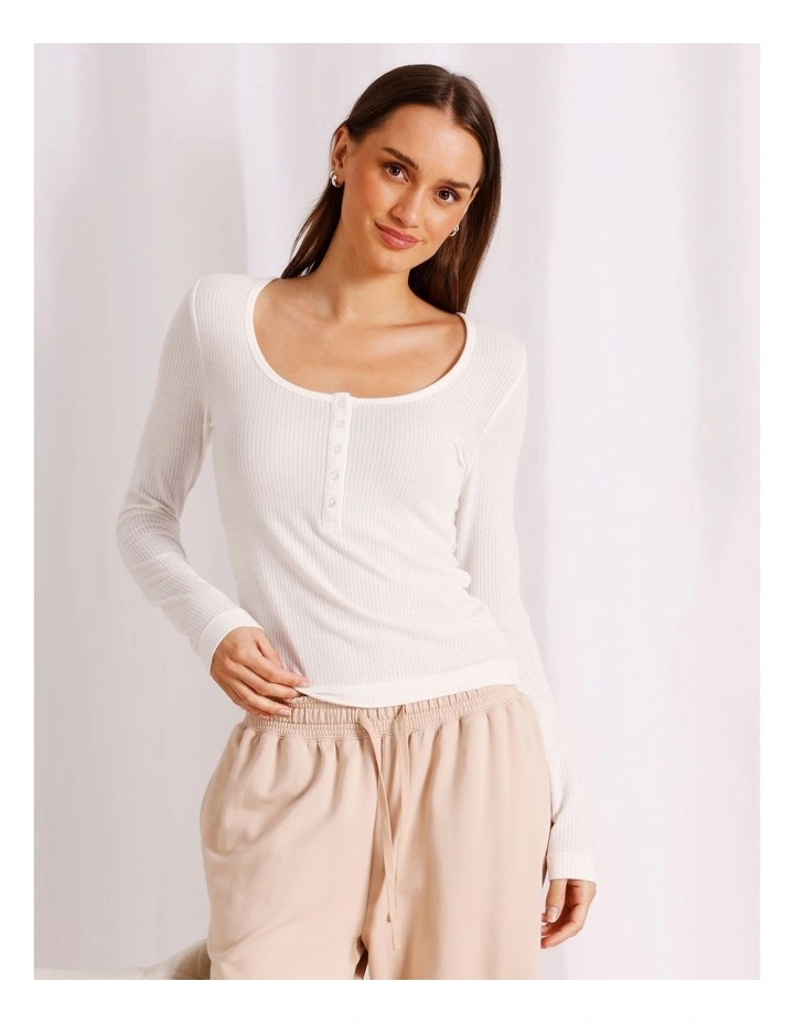 Loungewear Long Sleeve Henley Top in Ivory image 5