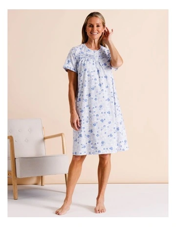 Timeless Knit Short Sleeve Pintuck Nightie in Blue Floral Print