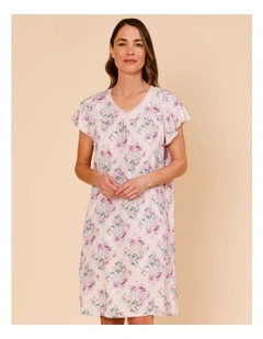 Timeless Woven Flutter Sleeve Nightie in Pink Floral Print