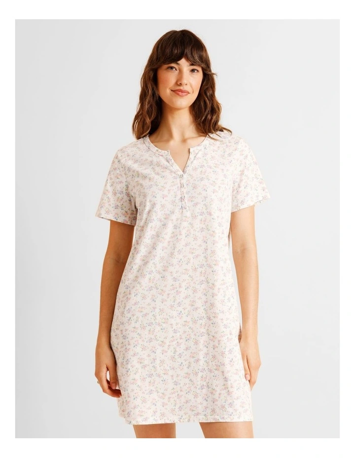 Everyday Cotton Short Sleeve Half Placket Nightie in Ditsy Floral Print image 1
