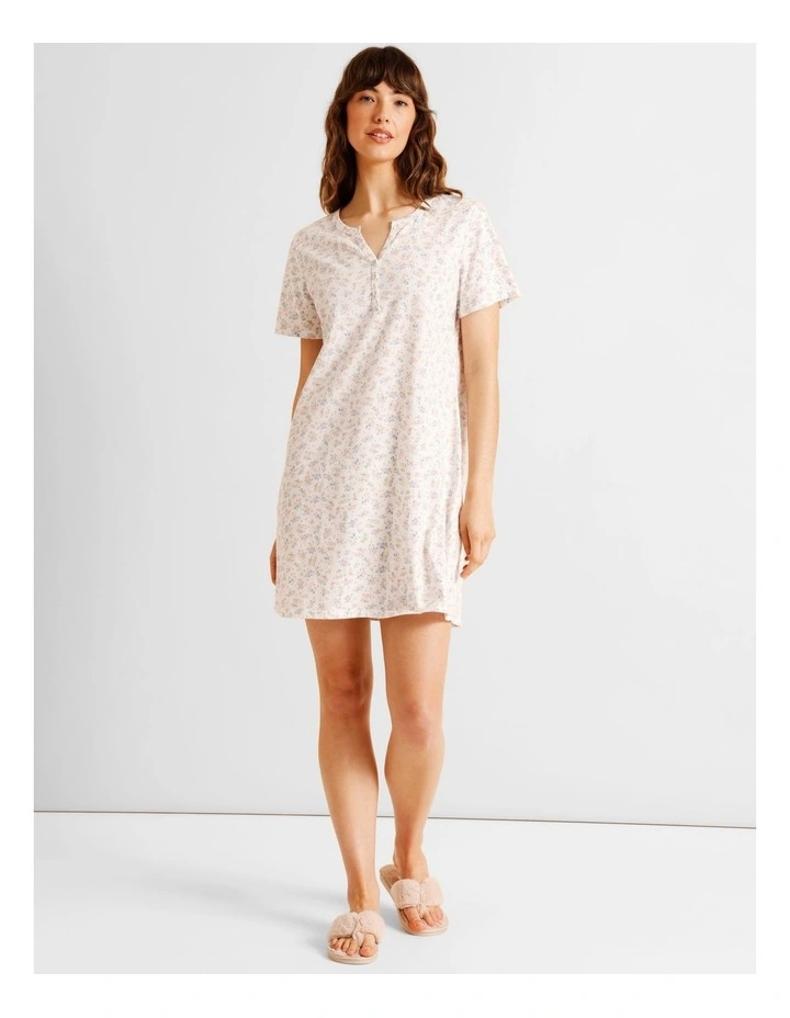 Everyday Cotton Short Sleeve Half Placket Nightie in Ditsy Floral Print image 2