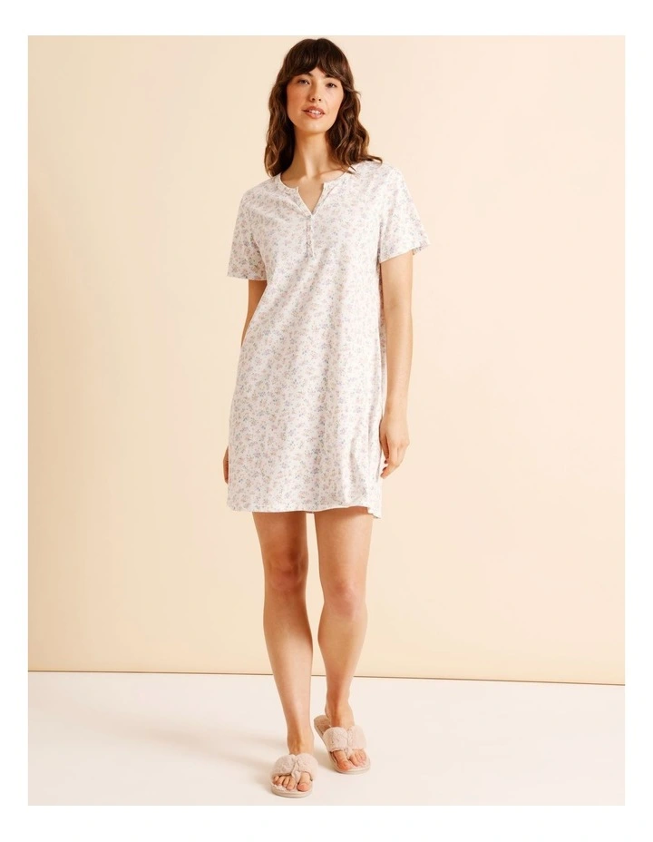 Everyday Cotton Short Sleeve Half Placket Nightie in Ditsy Floral Print image 2