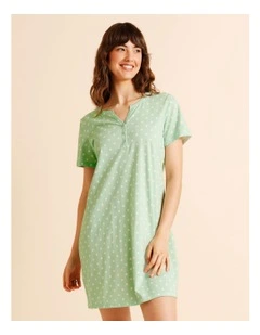 Everyday Cotton Short Sleeve Half Placket Nightie in Pistachio Spot Print