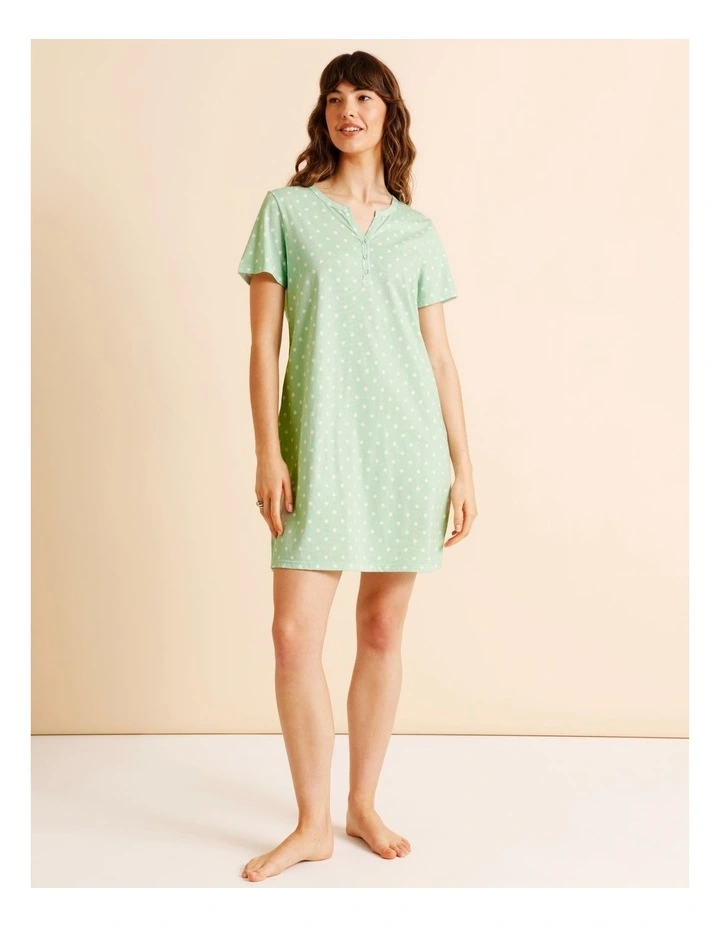 Everyday Cotton Short Sleeve Half Placket Nightie in Pistachio Spot Print image 2