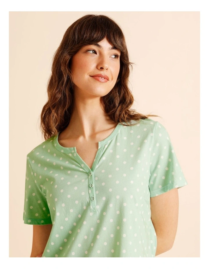Everyday Cotton Short Sleeve Half Placket Nightie in Pistachio Spot Print image 3