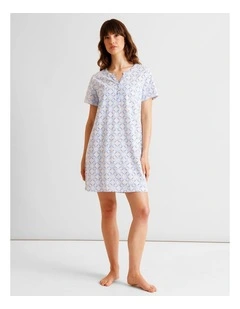 Everyday Cotton Short Sleeve Half Placket Nightie in Tile Print