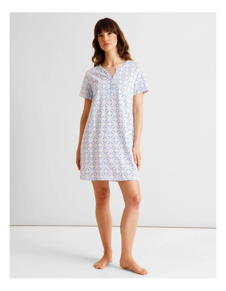 Everyday Cotton Short Sleeve Half Placket Nightie in Tile Print image 1