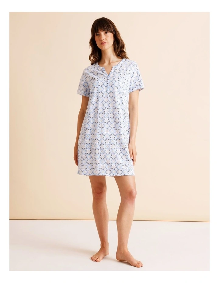 Everyday Cotton Short Sleeve Half Placket Nightie in Tile Print image 1
