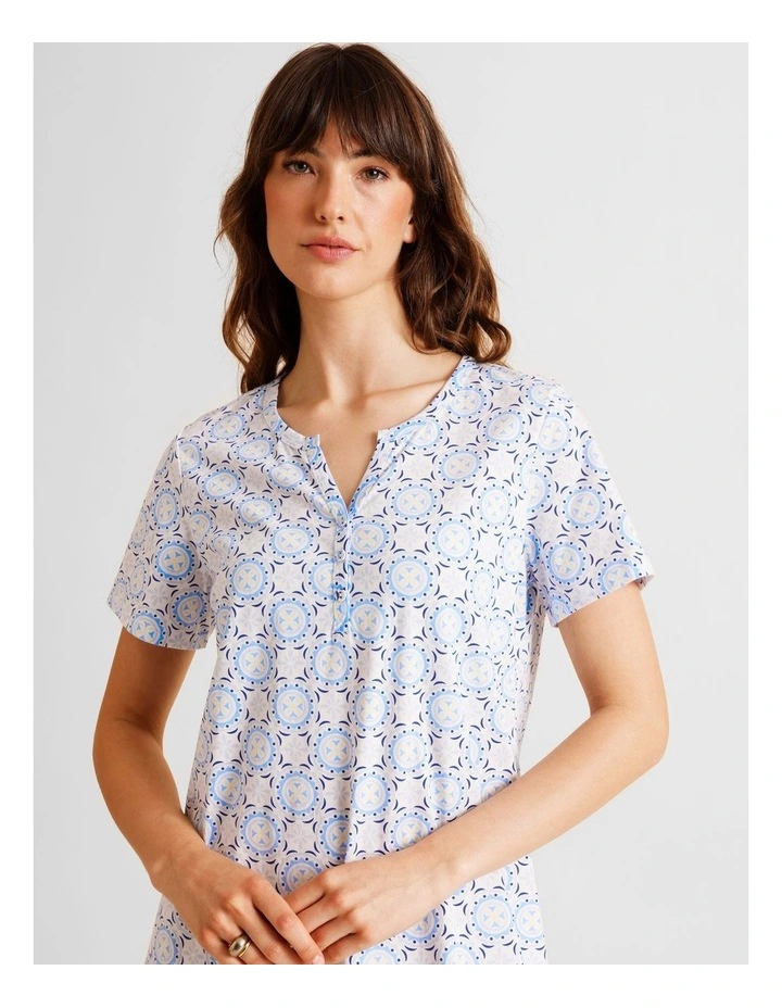 Everyday Cotton Short Sleeve Half Placket Nightie in Tile Print image 2