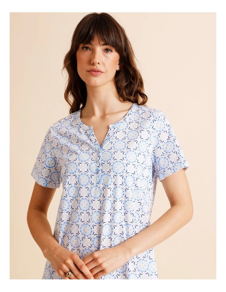 Everyday Cotton Short Sleeve Half Placket Nightie in Tile Print image 2