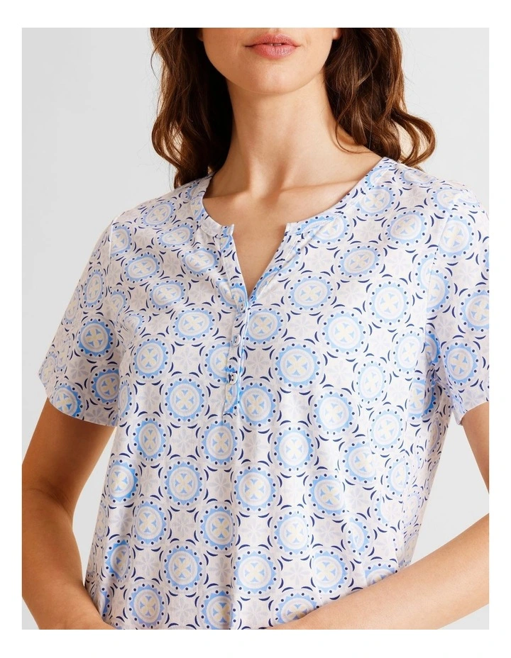 Everyday Cotton Short Sleeve Half Placket Nightie in Tile Print image 3