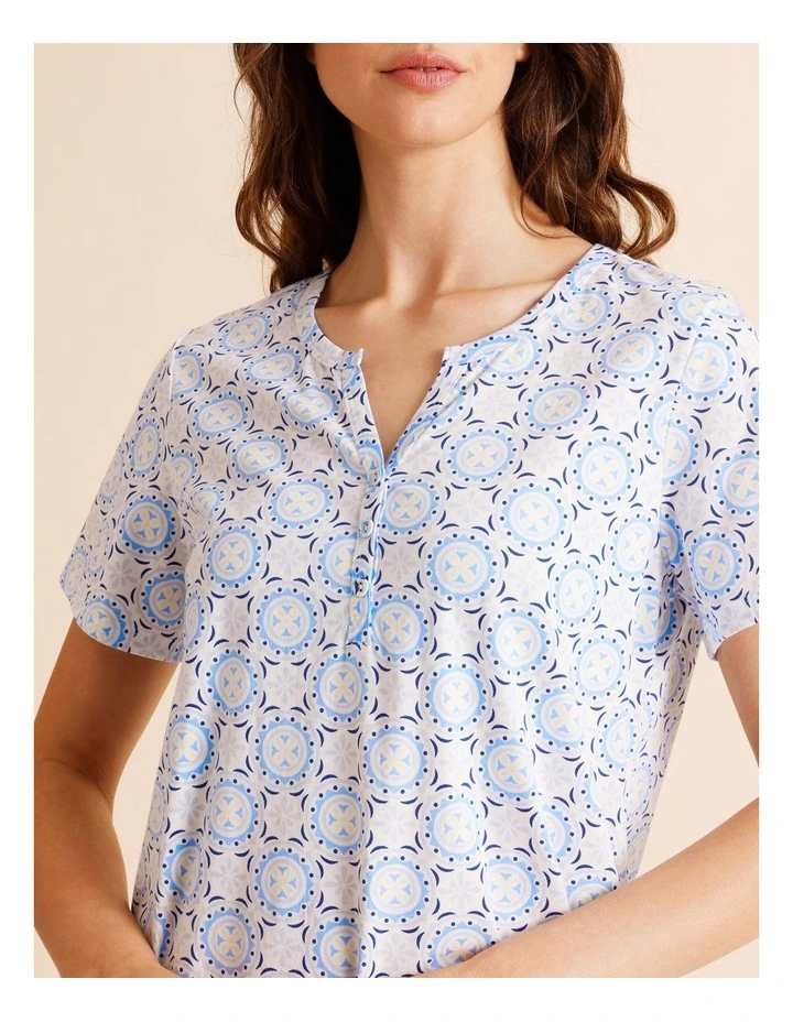 Everyday Cotton Short Sleeve Half Placket Nightie in Tile Print image 3
