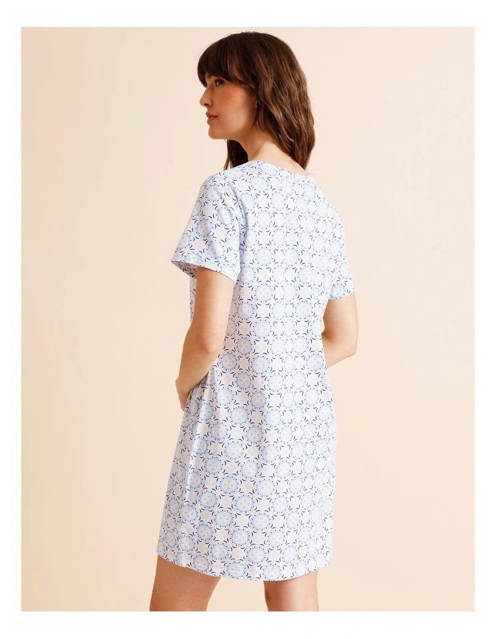 Everyday Cotton Short Sleeve Half Placket Nightie in Tile Print image 4
