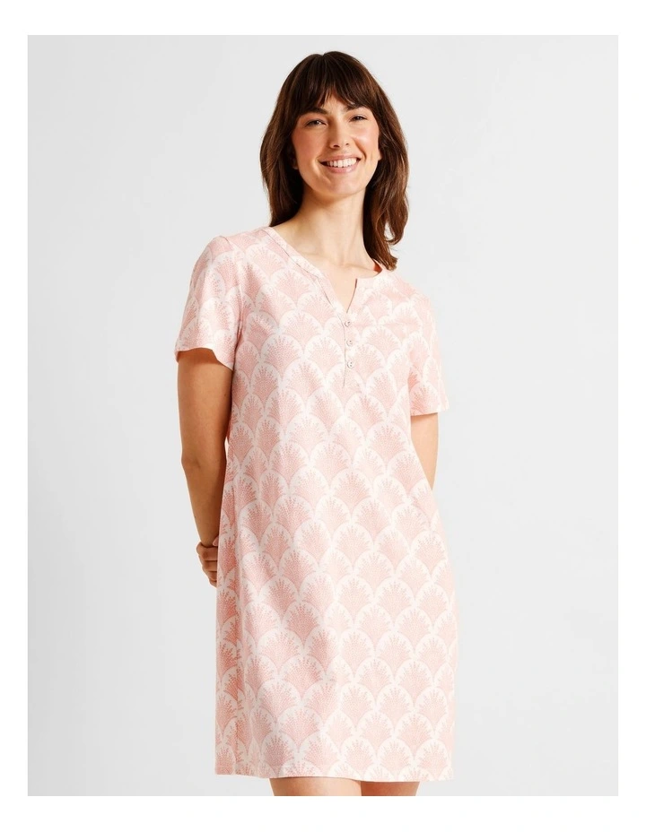 Everyday Cotton Short Sleeve Half Placket Nightie in Foliage Fan Print image 1