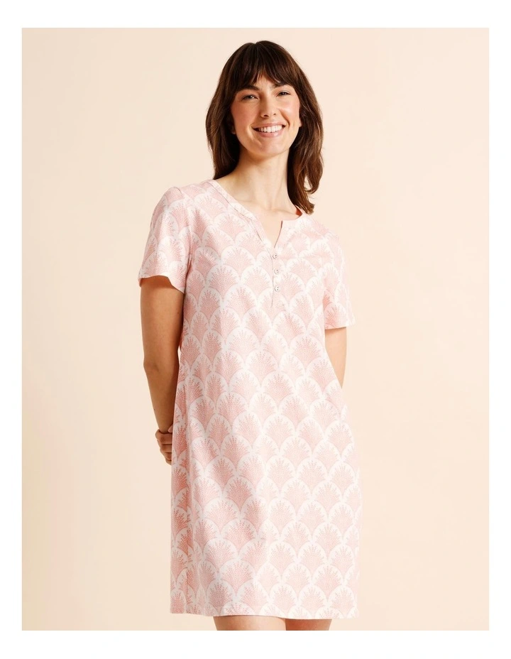 Everyday Cotton Short Sleeve Half Placket Nightie in Foliage Fan Print image 1