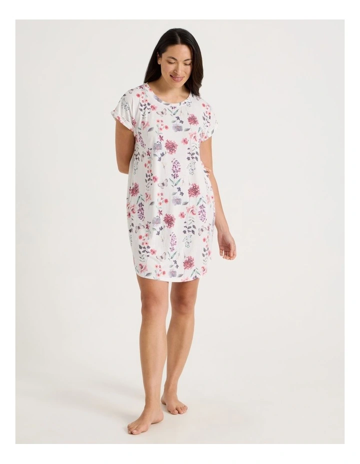 Short Sleeve Nightie in White Floral Print image 1