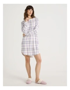 Cosy Brushed Knit Jersey Long Sleeve Nightie in White Windowpane Check Print