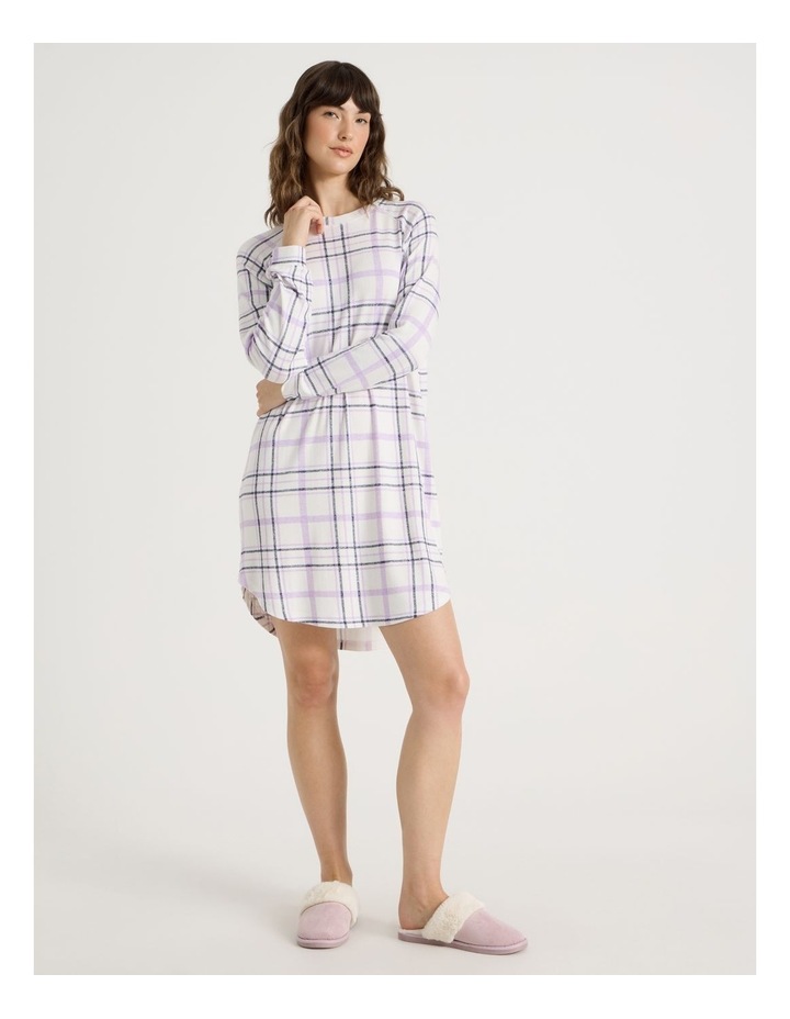 Cosy Brushed Knit Jersey Long Sleeve Nightie in White Windowpane Check Print