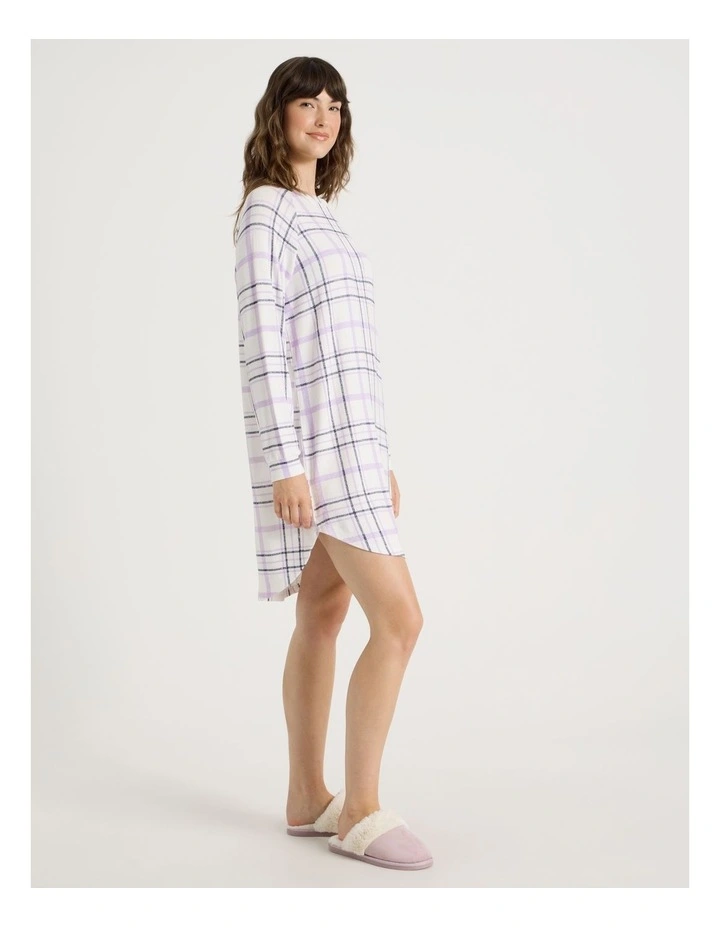Cosy Brushed Knit Jersey Long Sleeve Nightie in White Windowpane Check Print image 2