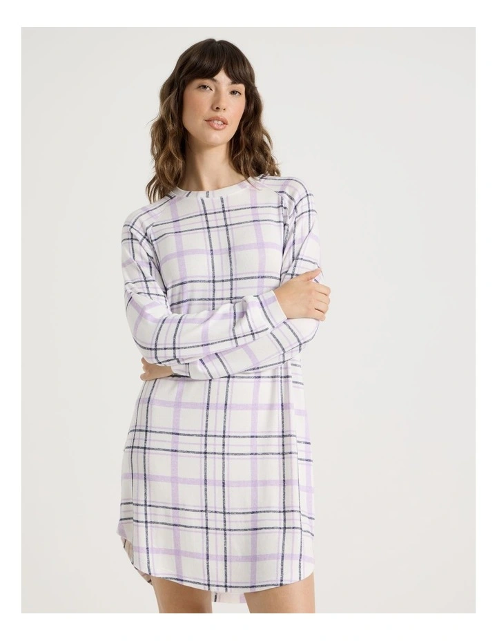 Cosy Brushed Knit Jersey Long Sleeve Nightie in White Windowpane Check Print image 3