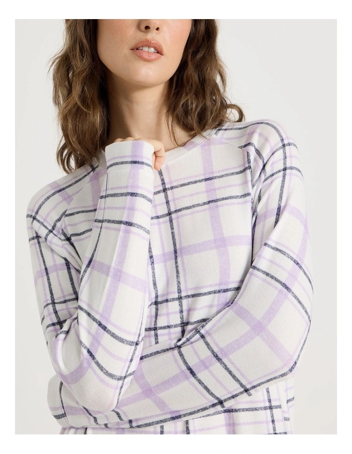 Cosy Brushed Knit Jersey Long Sleeve Nightie in White Windowpane Check Print image 4