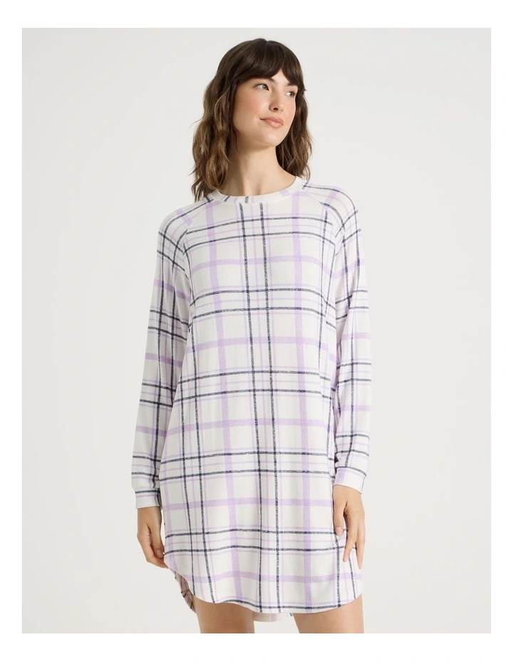 Cosy Brushed Knit Jersey Long Sleeve Nightie in White Windowpane Check Print image 5