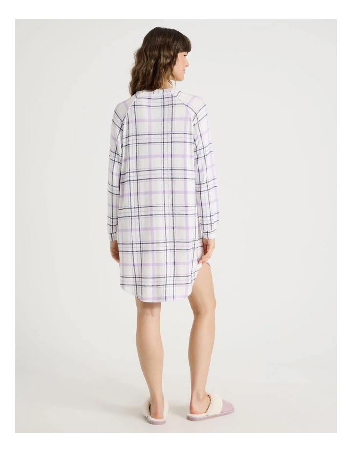 Cosy Brushed Knit Jersey Long Sleeve Nightie in White Windowpane Check Print image 6