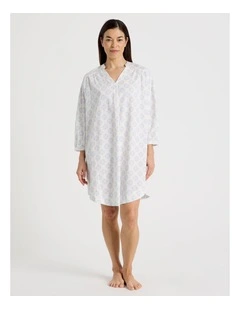 Relax Woven 3/4 Sleeve Long Nightie in White Medallion Print