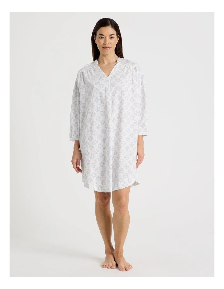 Relax Woven 3/4 Sleeve Long Nightie in White Medallion Print image 1