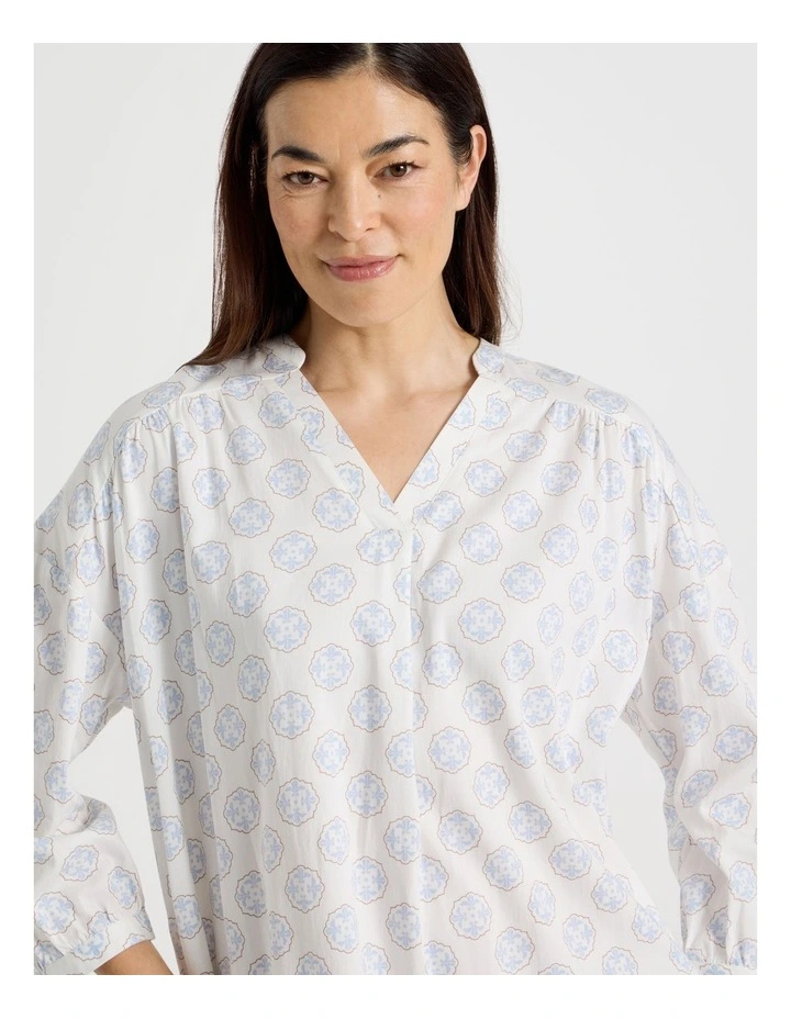 Relax Woven 3/4 Sleeve Long Nightie in White Medallion Print image 5