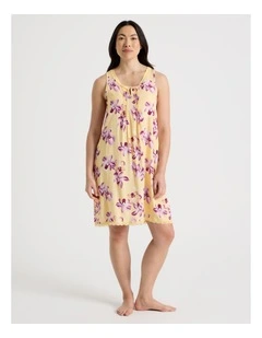 Serene Woven Viscose Sleeveless Nightie in Yellow Orchid Print