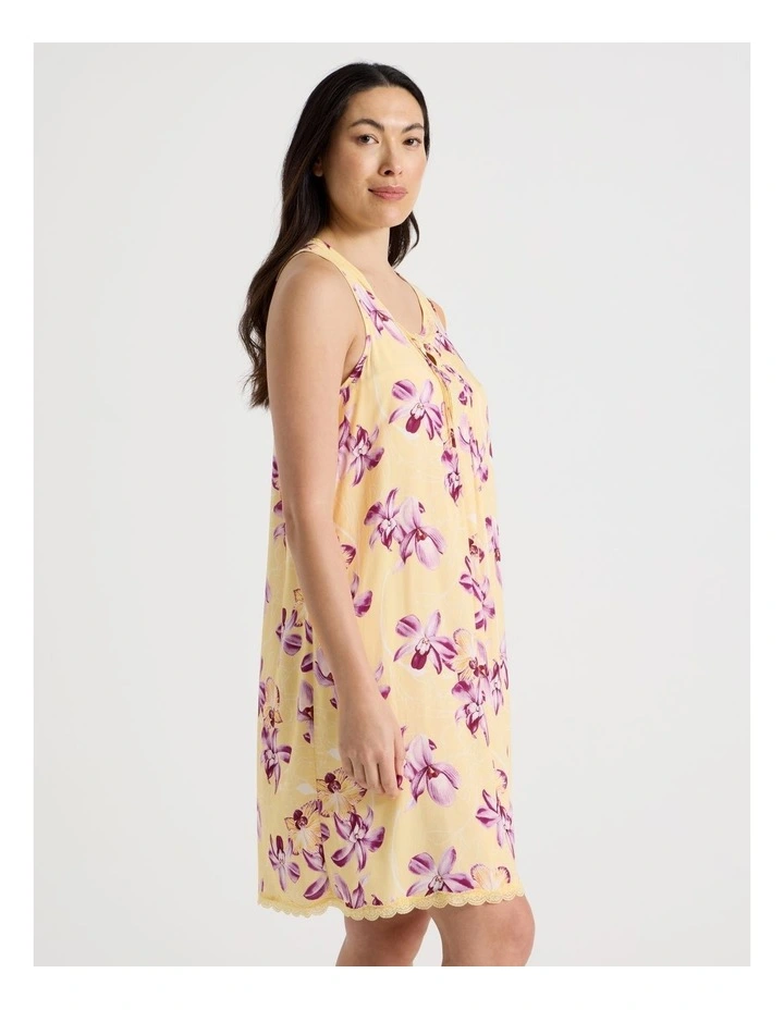 Serene Woven Viscose Sleeveless Nightie in Yellow Orchid Print image 2