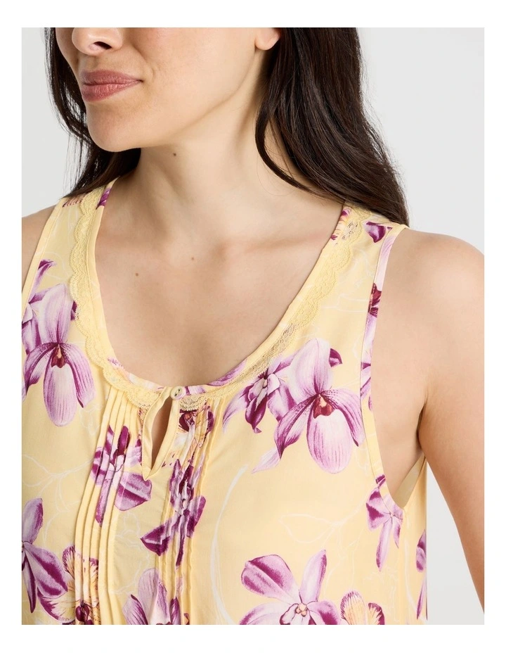 Serene Woven Viscose Sleeveless Nightie in Yellow Orchid Print image 4