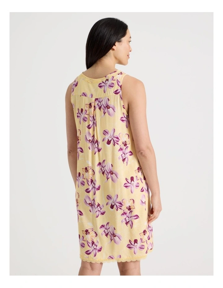 Serene Woven Viscose Sleeveless Nightie in Yellow Orchid Print image 5